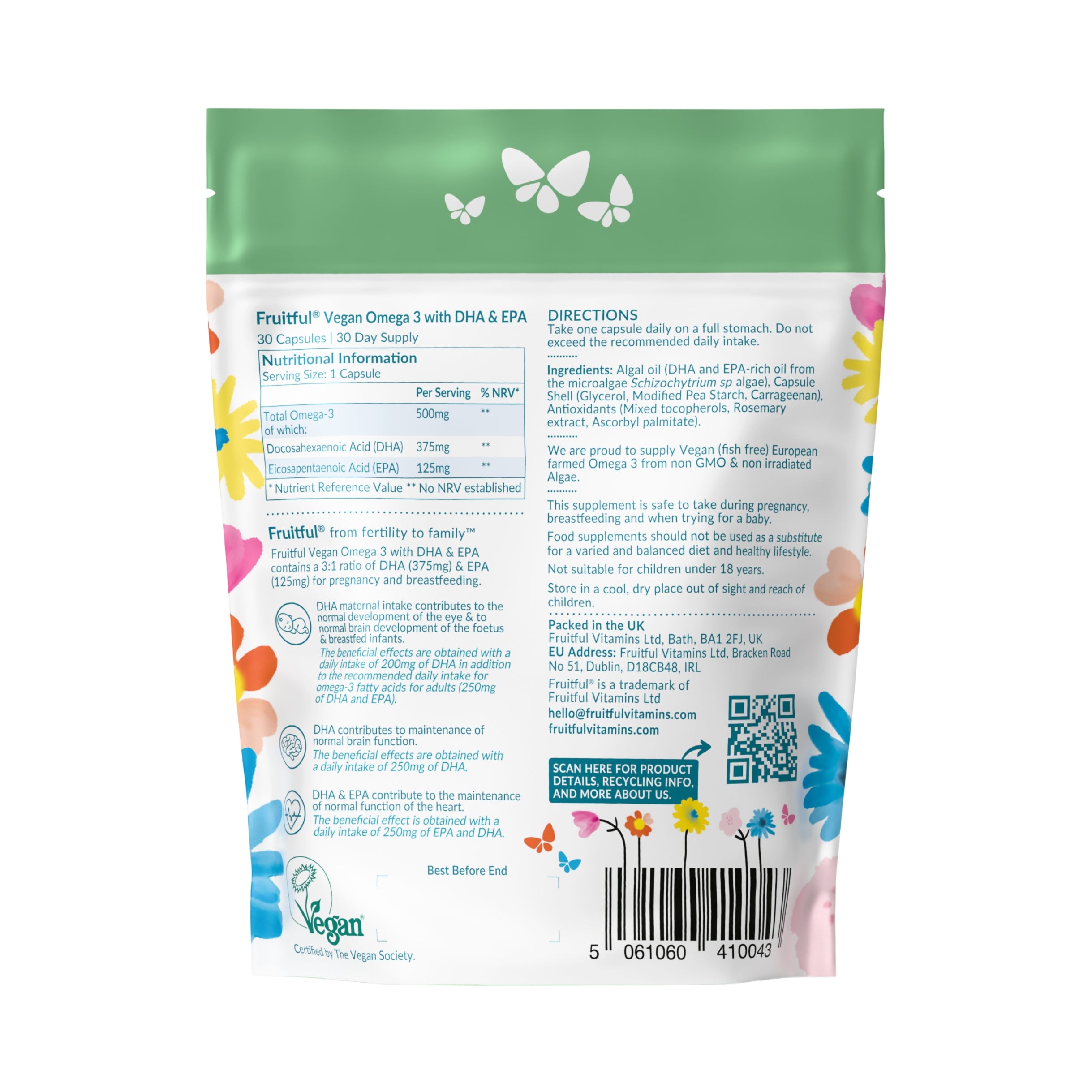 Back view of a supplement package with colorful design elements on a white background