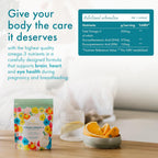 Vegan omega-3 supplement package with nutritional information on a table.