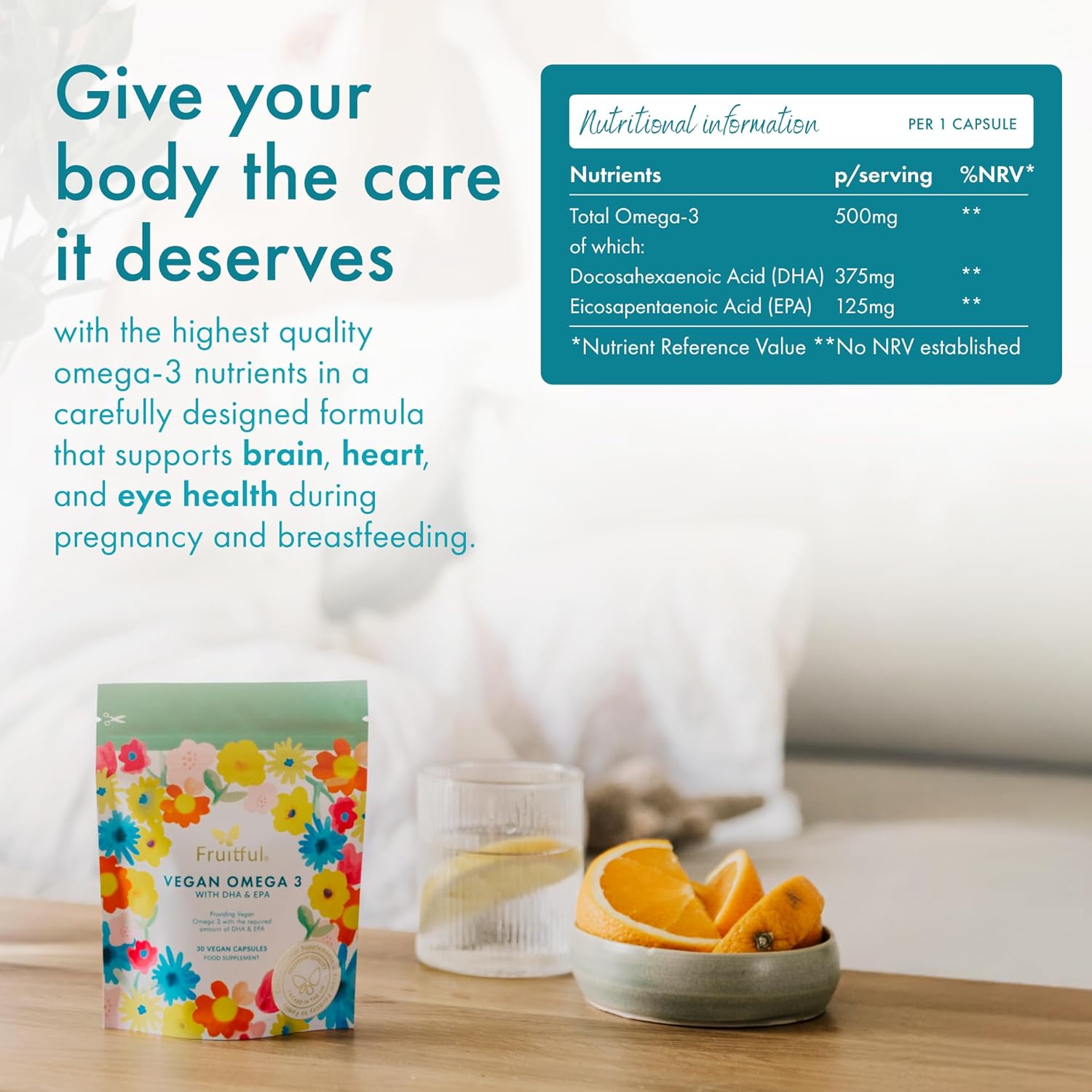 Vegan omega-3 supplement package with nutritional information on a table.