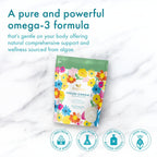 Vegan omega-3 supplement package with colorful floral design on a white marble background