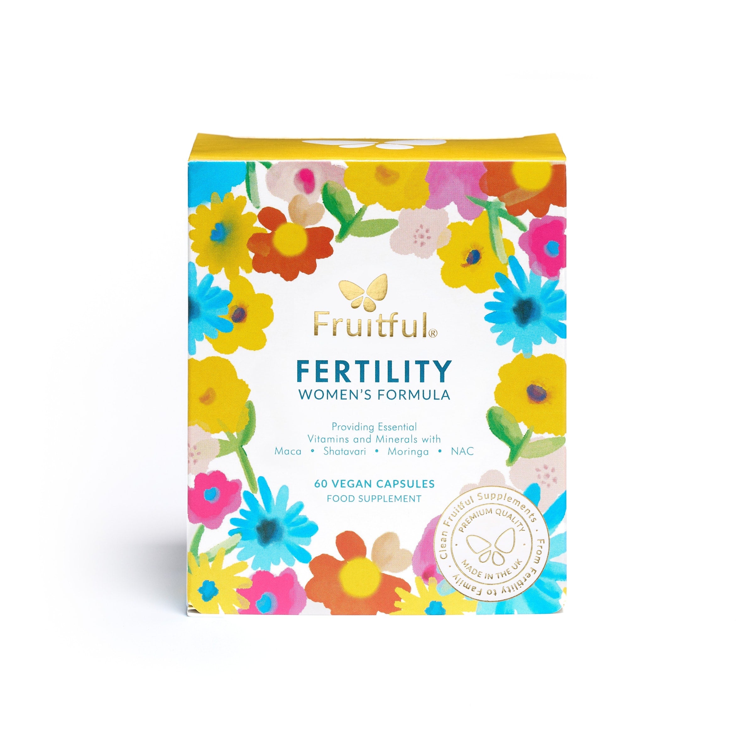 Fruitful Fertility Women's Formula packaging with colorful floral design on a white background